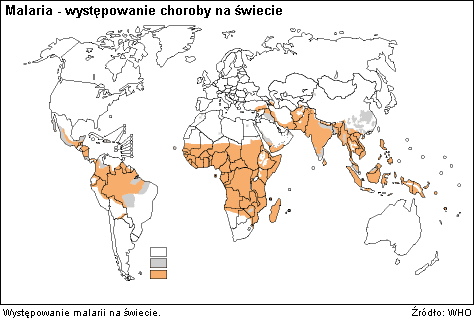 Malaria - mapa swiata, występowanie choroby